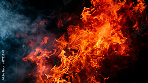 Black background with smoke and bright tongues of fire, free space for text. photo image for hot sales. Generative AI