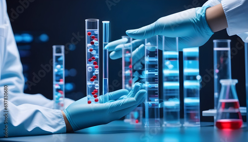 scientist holding medical testing tubes or vials of medical pharmaceutical research with blood cells and virus cure using DNA genome sequencing biotechnology created with generative ai