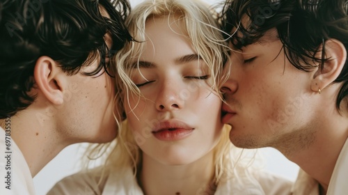 Blond woman in a white shirt kissed by two men. Trio relationship concept. Intimate moment in a romantic trio. Complex relationships and connection. Contemporary love and intimacy. Polygamy