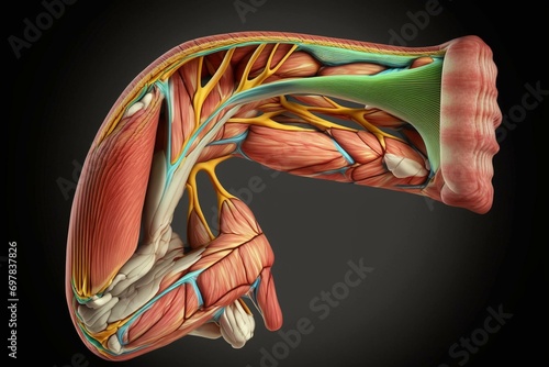 3D illustration of the anatomy of the flexor digitorum profundus muscle for medical purposes. Generative AI