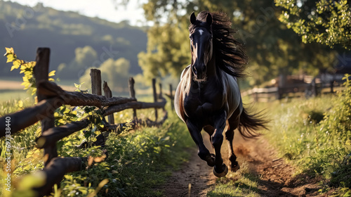 Beautiful black stallion trotting in the field at sunset