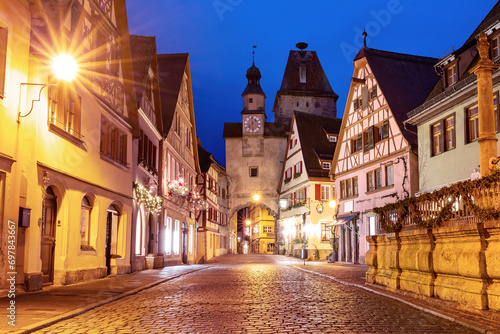 Christmas street and Tower Markusturm in medieval Rothenburg ob der Tauber, Bavaria, Germany