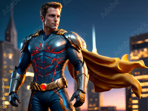 Super Hero in Blue with Red Accents, Steel Armor and Gold Cape Posing DOF City Buildings in the Background