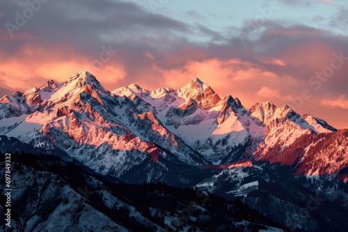 Sunrise over mountains, alpine glow, majestic dawn, peaks' embrace.