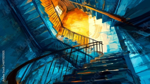 a painting of stairway with abstract architecture and colors. wallpaper background