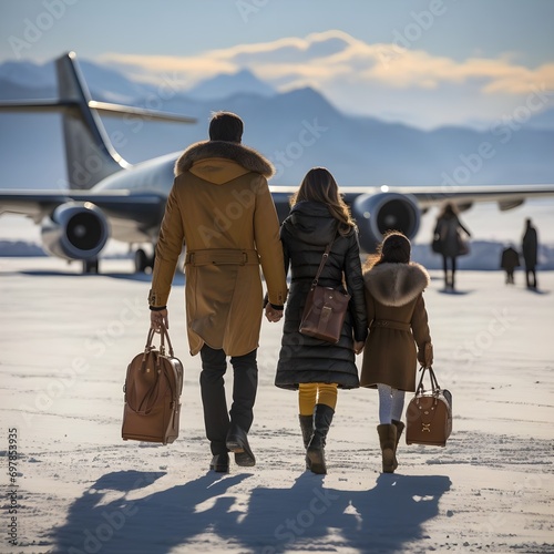 Familia joven adinerada en aeropuerto viajando, temporada de invierno. Generado con tecnología IA