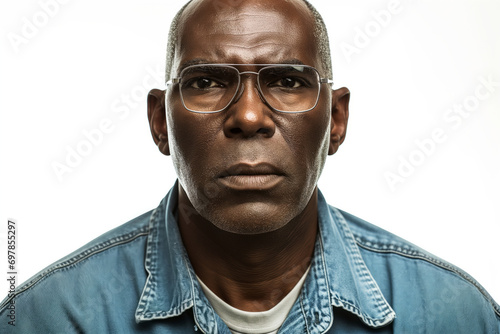 Professional African-American businessman of middle age, in casual office style and strict glasses, gray empty background, copy space - executive manager, proud lawyer, businessman leader