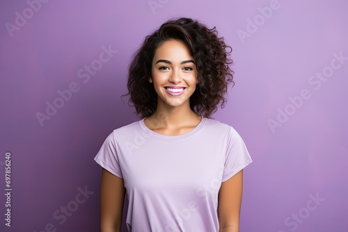 Young Woman Smiling and Wearing a Blank Purple T-shirt Standing in Front of a Violet Background, Print on Demand Template, Fashion Portrait, People Wearing Clothing with Print Copy Space