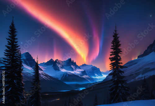 northen lights, dark orange, ultramarine bleu, with big mountains infront and black trees in the front, realistic, jesus cross on the mountain in light,