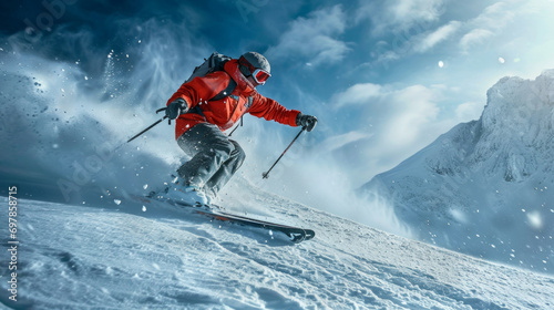 Alpine skier skiing downhill. Winter sports and leasure activities. 