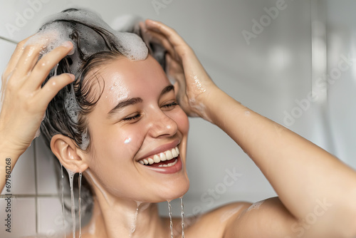 A Woman Washing Her Hair in the Shower