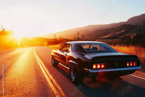 A muscle car driving into the sunset.