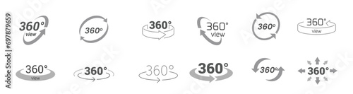 360 degrees view icon set. Rotation or panoramas to 360 degrees icon. 360 degree views of vector circle icons set isolated from the background. Signs with arrows to indicate the rotation or panoramas 