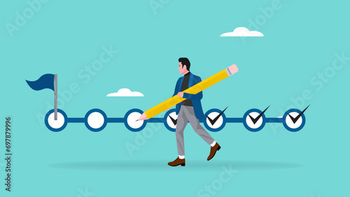business progress step towards business targets with a strategy plan concept. journey job target action career illustration. businessman using pencil to tick the stages that have been completed
