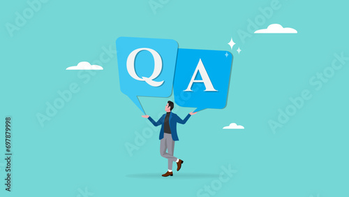 Q and A with bubble chat icon and businessman illustration. question and answer vector illustration. question or information to solve problem. business people holding bobble chat with Q and A text
