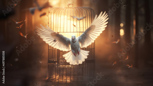 A white dove spreading wings while escaping a birdcage in a surreal forest setting with sunlight.