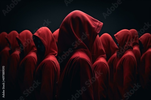 Illustration of multiple red hooded figures against a dark backdrop. Generative AI