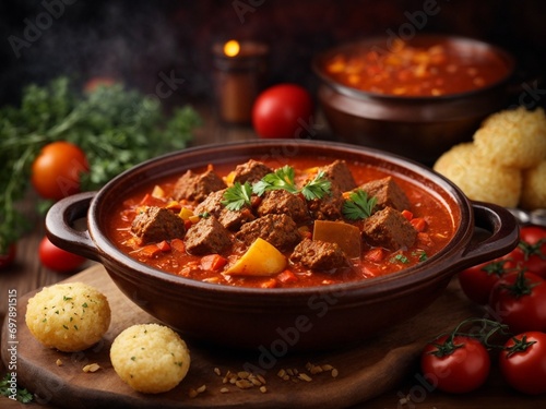 Hungarian goulash gulyas, soup or stew usually prepared with tender beef and onions, spice, paprika