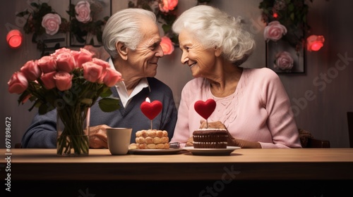 Romantic senior couple celebrating Saint Valentine's Day at home. Beautiful woman and handsome man spending time together. Happy Saint Valentine's Day!