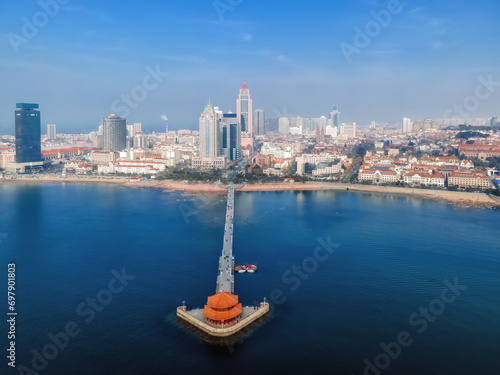Aerial photography of the landscape of Qingdao Zhanqiao Qianhai Bay Area..