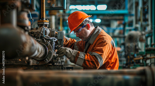 Engineer operator repairs valve equipment in plant industry 