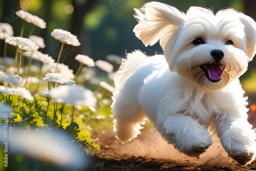 The white Maltese is running around in the park. Generative AI 