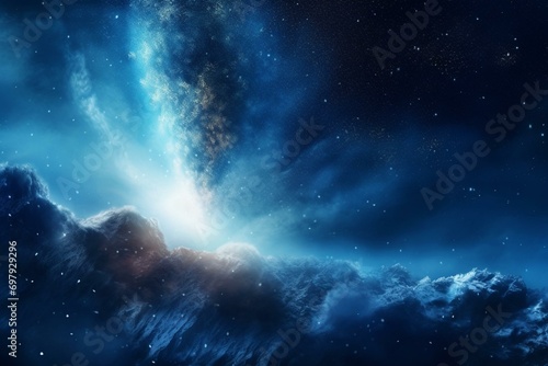 A beautiful glowing blue comet surrounded by snowflakes. Generative AI