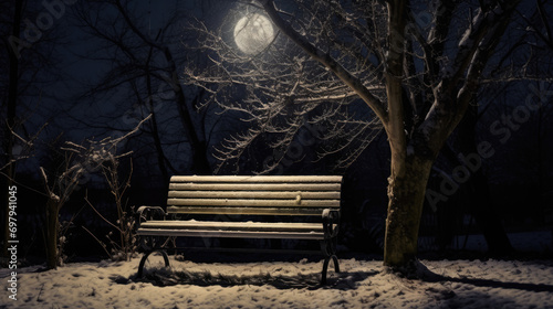 Moonbeam Winter Bench with Hessian Rug at Night