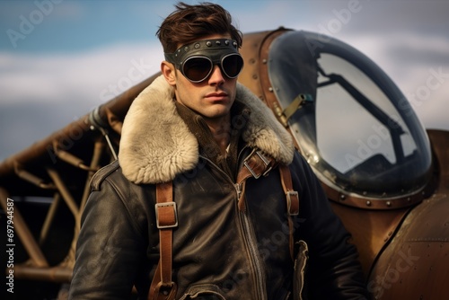 Portrait of a handsome pilot in a leather jacket and aviator hat.