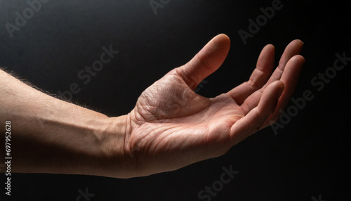 Hand receiving something, left hand, male, close-up, black background