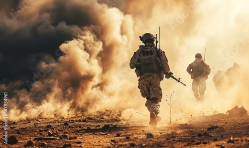 soldiers in combat gear running through a desert environment engulfed in smoke and dust