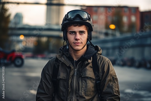 Portrait of a young motorcyclist in a helmet and jacket.