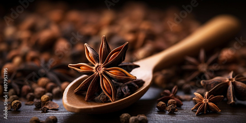 Organic Dry Star of Anise,, shelves of cinnamon and anise stars in dark colors on a dark concrete stone background,, Aromatic Spices Display on Dark Stone Background
