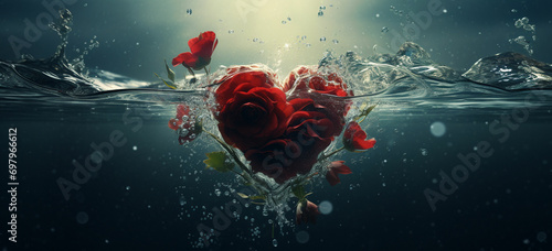 Designe a underwater heart shape using water and leav