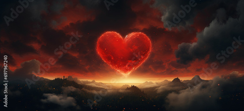 Designe a red heart shaped in the cloud with fire in