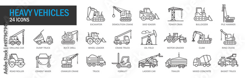 Heavy Equipment icon set. Excavator, Motor Grader, Forklift, Tower Cran, Bulldozer, Pile Hammer, Drilling Car, Dump Truck, Rock Drill, Wheel Loader, Crane Truck. Icon vector collection. EPS, PNG, JPG