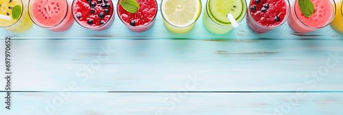 Colorful refreshing cold watermelon peach raspberry organge fruits juice smoothies in the glasses on light blue wood banner background with copy space top view