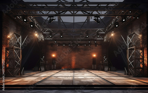 Concert stage with brick walls, metal trusses and soffit lights, industrial vibe