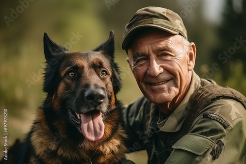 Senior man in military uniform with German shepherd dog. Selective focus.