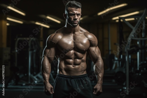 Muscular bodybuilder in a gym. Generative AI