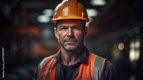 Portrait of a builder with a hammer and level, confident and skilled, on a construction site background. Generative AI 