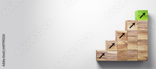 Creative growing wooden ladder with upward arrows on white wide background. Career growth and success concept. Mock up, 3D Rendering.