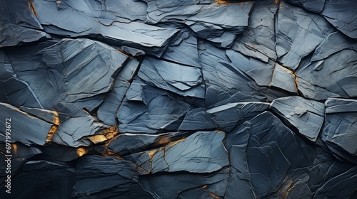 Close-up image showcasing a jagged and rough-textured rocky wall, highlighted by dark blue and gold tones. Impressive details captivate the eyes
