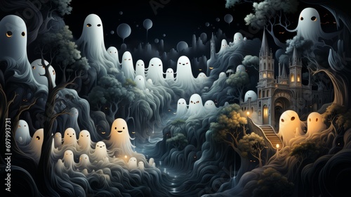 Mysterious ghostly figures hover in a forest, a haunting castle lurking in the distance. Their ethereal presence and obscured faces add an air of intrigue to this ominous scene