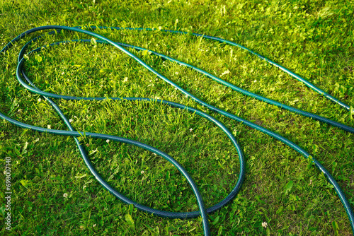 Garden hose lying on green grass