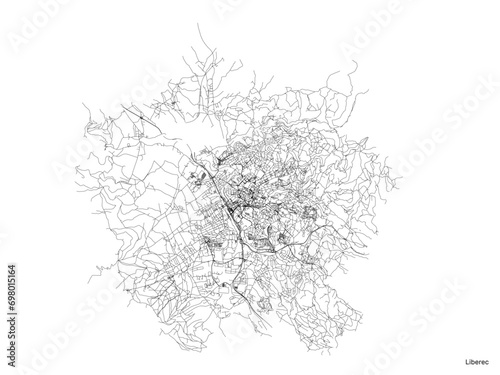 Liberec city map with roads and streets, Czech Republic. Vector outline illustration.