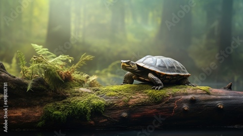 An ancient-looking turtle resting on a weathered log in a misty forest pond