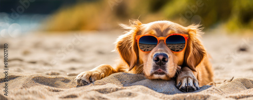 Cool funny dog with glasses laying on tropical beach against sunset ocean.