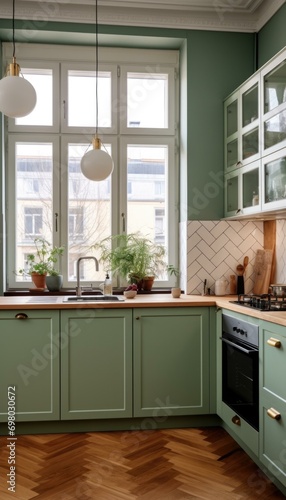 A kitchen with green cabinets and wooden floors. Generative AI.