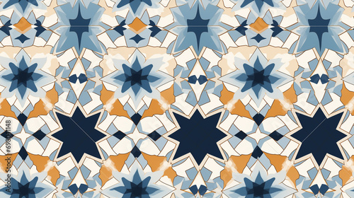 Moroccan tiles blue mosaic seamless pattern cream background